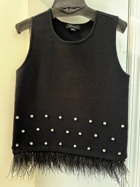 Ann Taylor Black Feather Trim Beaded Tank